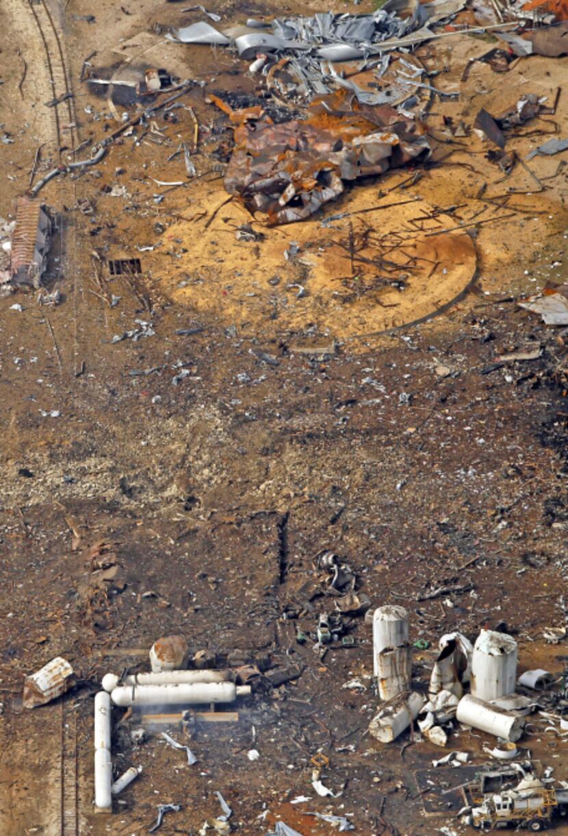 An aerial image shows railroad tracks bent by the April 17 explosion at West Fertilizer.