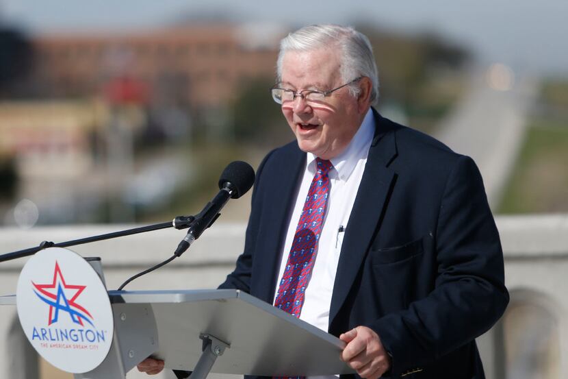 Congressman Joe Barton speaks during a ribbon cutting for the new Center Street Bridge in...