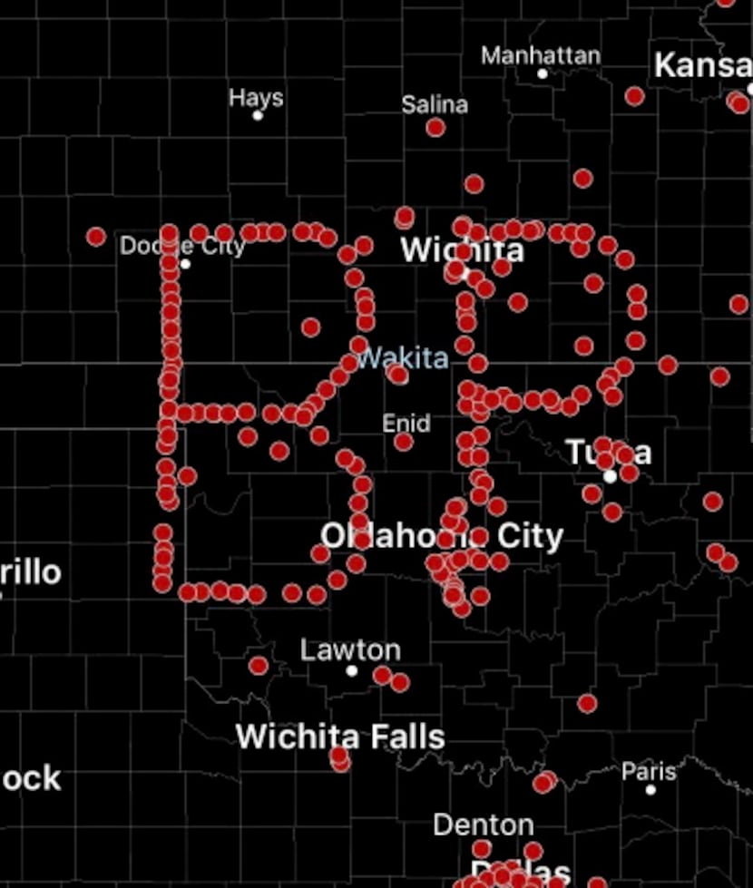 This image provided by Spotter Network shows GPS coordinates of storm chasers on a map in...