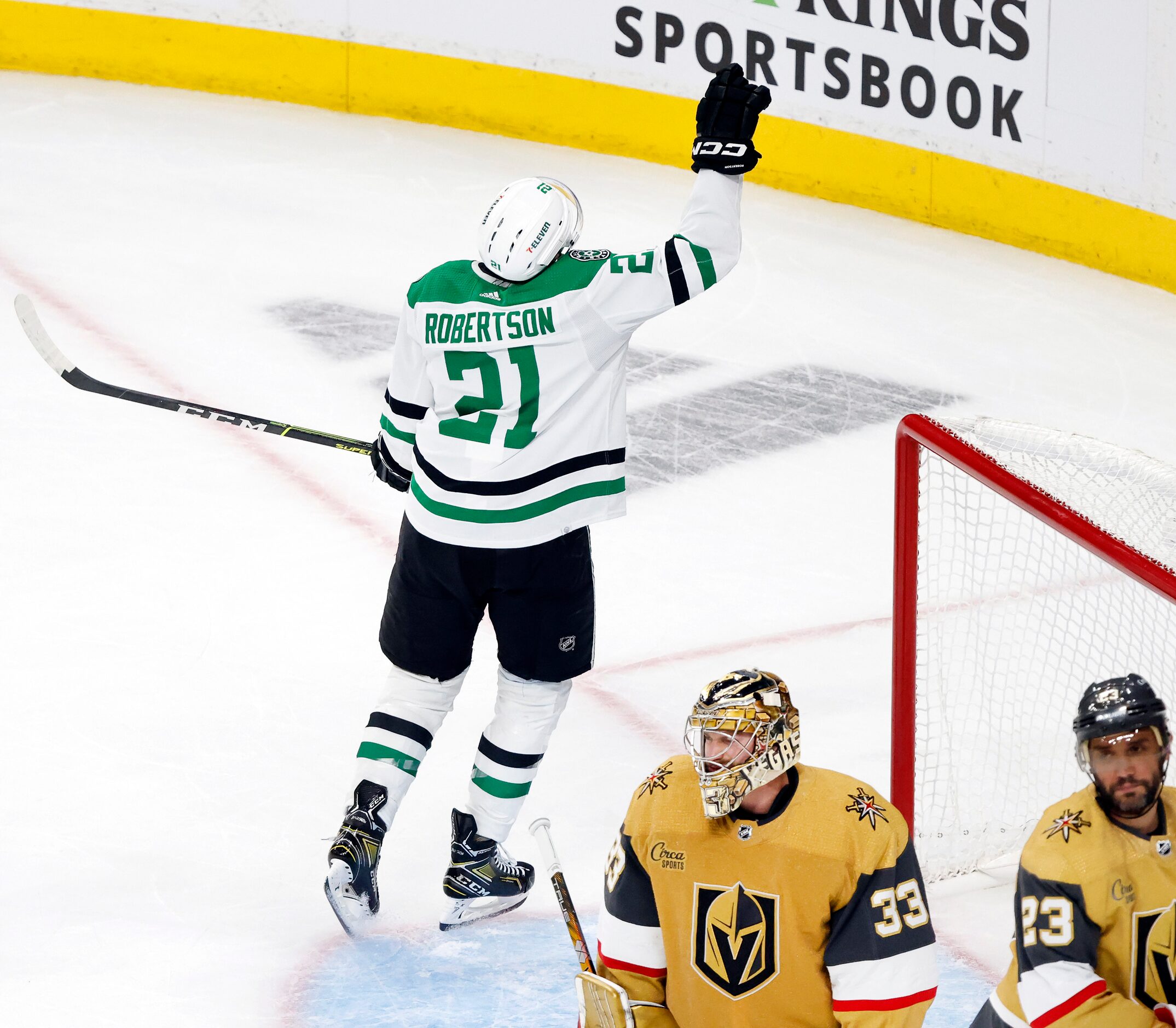 Dallas Stars left wing Jason Robertson (21) reacts after scoring a first period goal on...