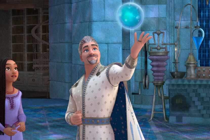 In Disney's "Wish," Asha (voiced by Ariana DeBose) and King Magnifico (voiced by Chris Pine)...