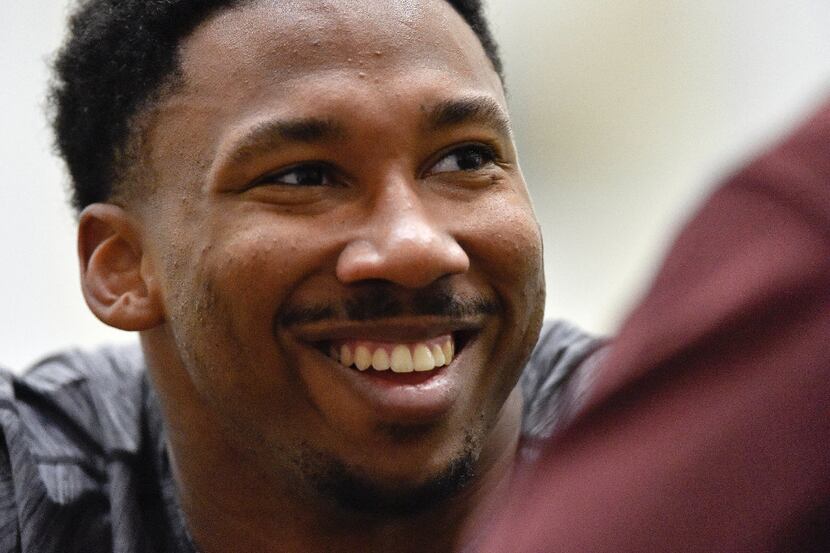 Former Texas A&M defensive end Myles Garrett smiles during Texas A&M NFL Pro Day at the NCAA...