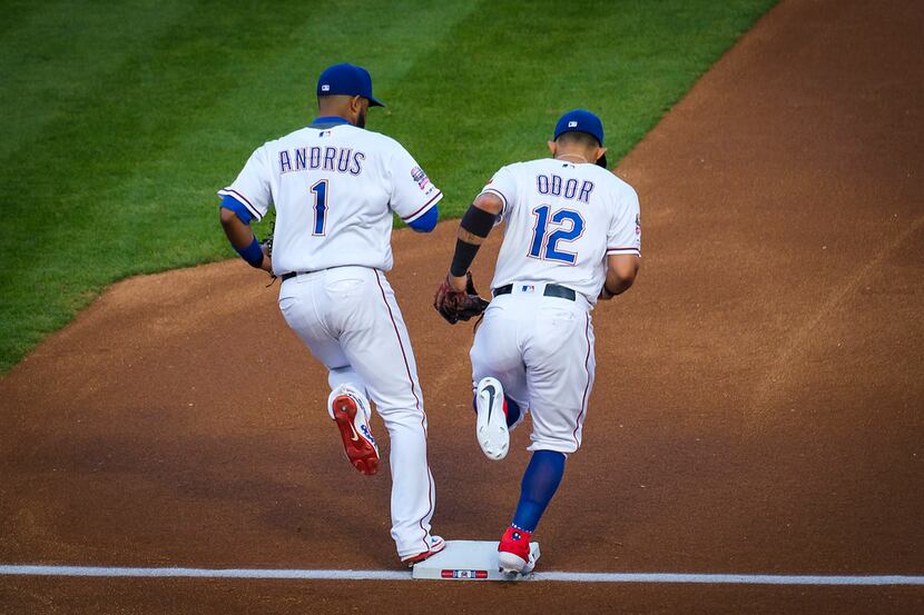 Texas Rangers shortstop Elvis Andrus and second baseman Rougned Odor take the field before a...