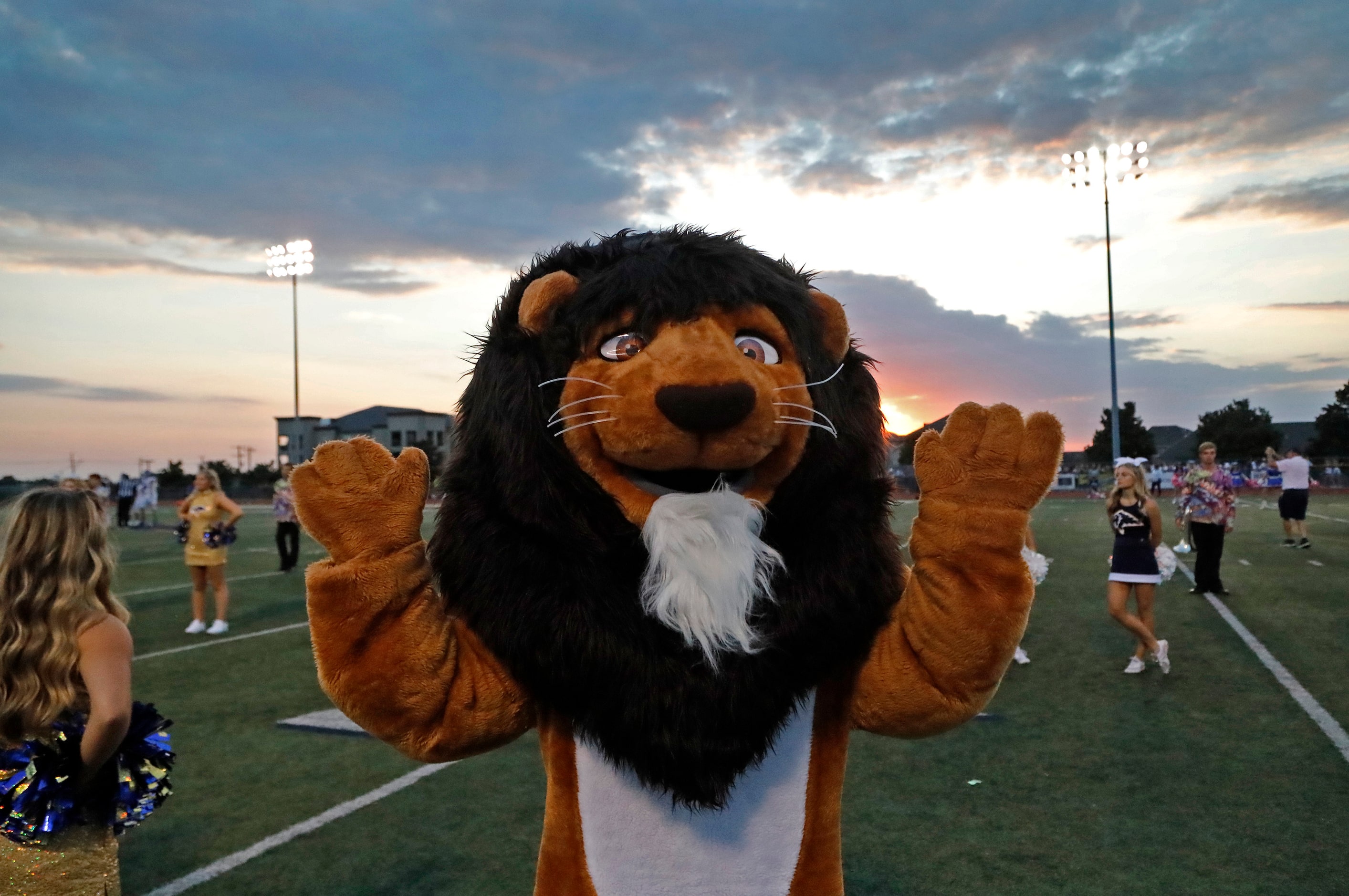 The Prestonwood Christian Academy mascot awaits the team before kickoff as Prestonwood...