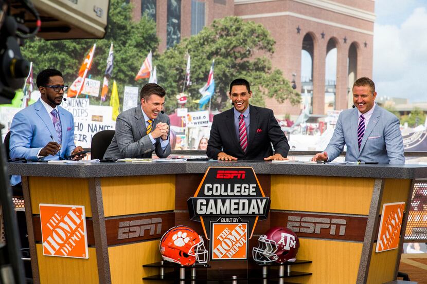 The ESPN College GameDay crew laughs during a broadcast before the Texas A&M Aggies took on...