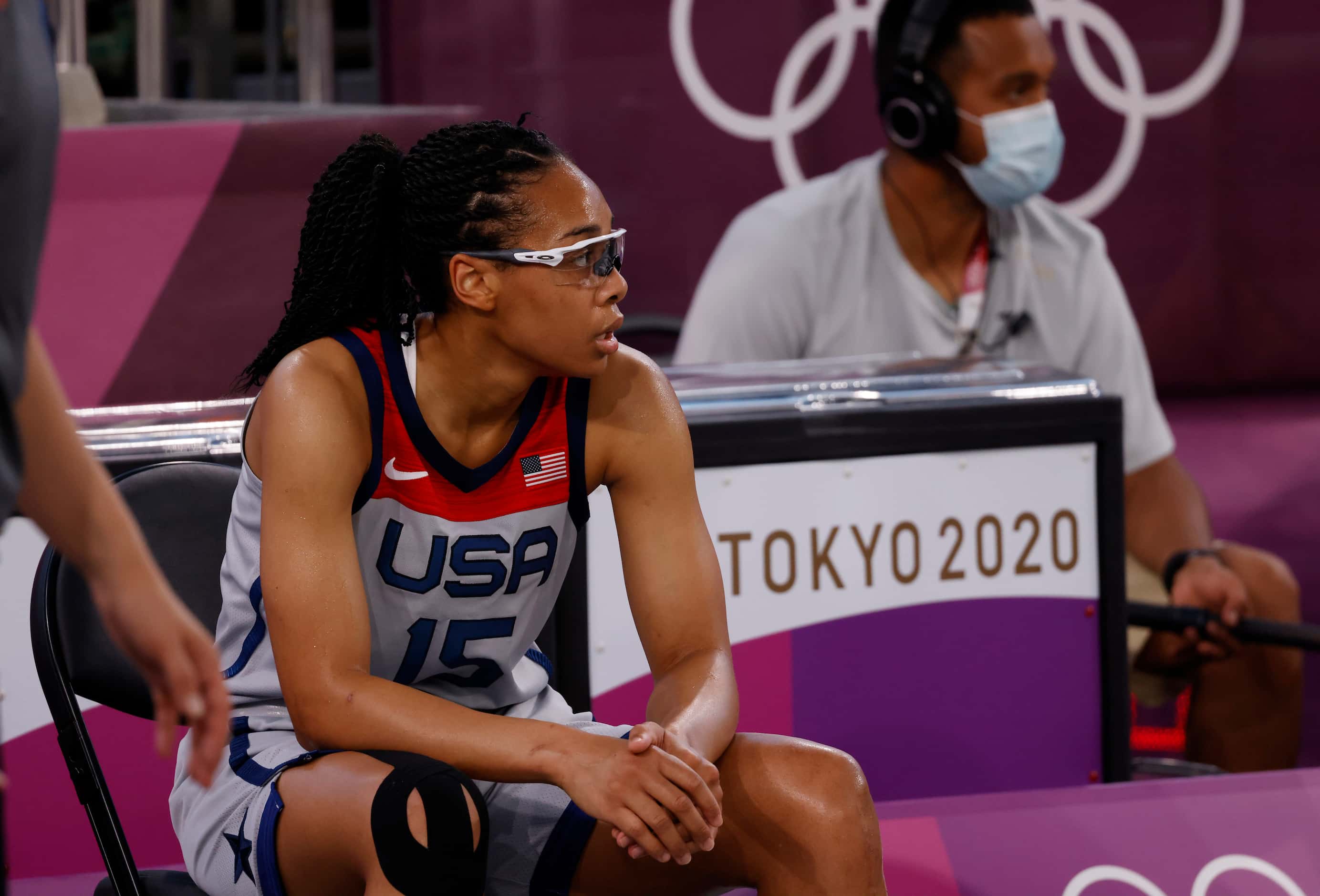 USA’s Allisha Gray (15) takes a breather in a game against France during a 3x3 women’s...