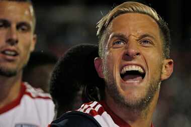 FC Dallas defender Reto Ziegler (3) celebrates ater scoring a (disallowed) goal during the...