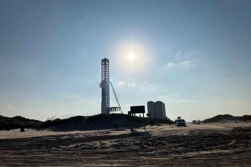 SpaceX's Starbase rocket production campus as seen from Boca Chica Beach in South Texas in...