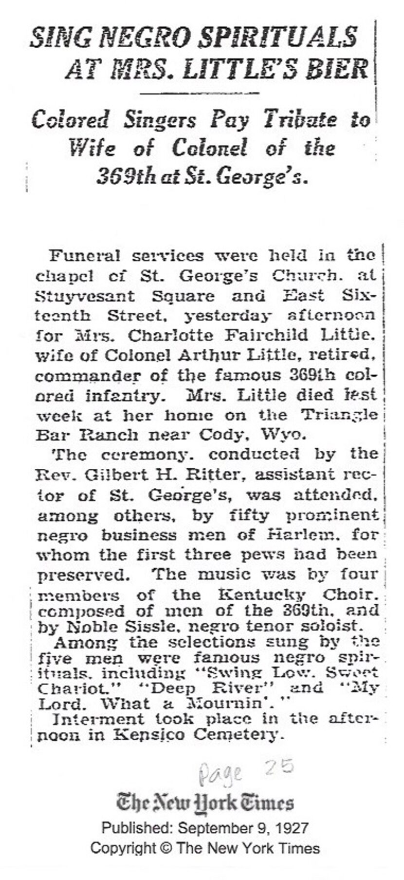 Clipping from The New York Times, September 9, 1927.