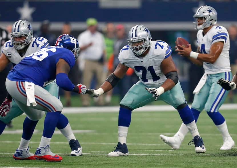New York Giants defensive tackle Jay Bromley (96) rushes as Dallas Cowboys offensive guard...
