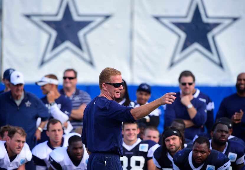 Coach Jason Garrett, pictured after the afternoon practice at Dallas Cowboys training camp...