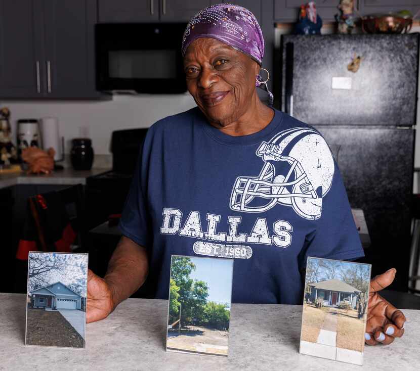 Zeta White stands in the kitchen of her new home as she shows photos of her new home (left),...