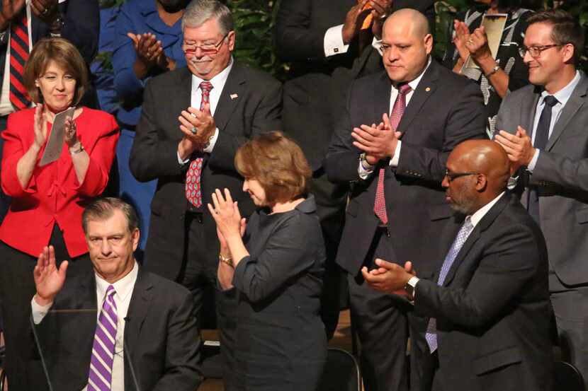 Dallas mayor Mike Rawlings gets a standing ovation after his remarks after the Dallas City...