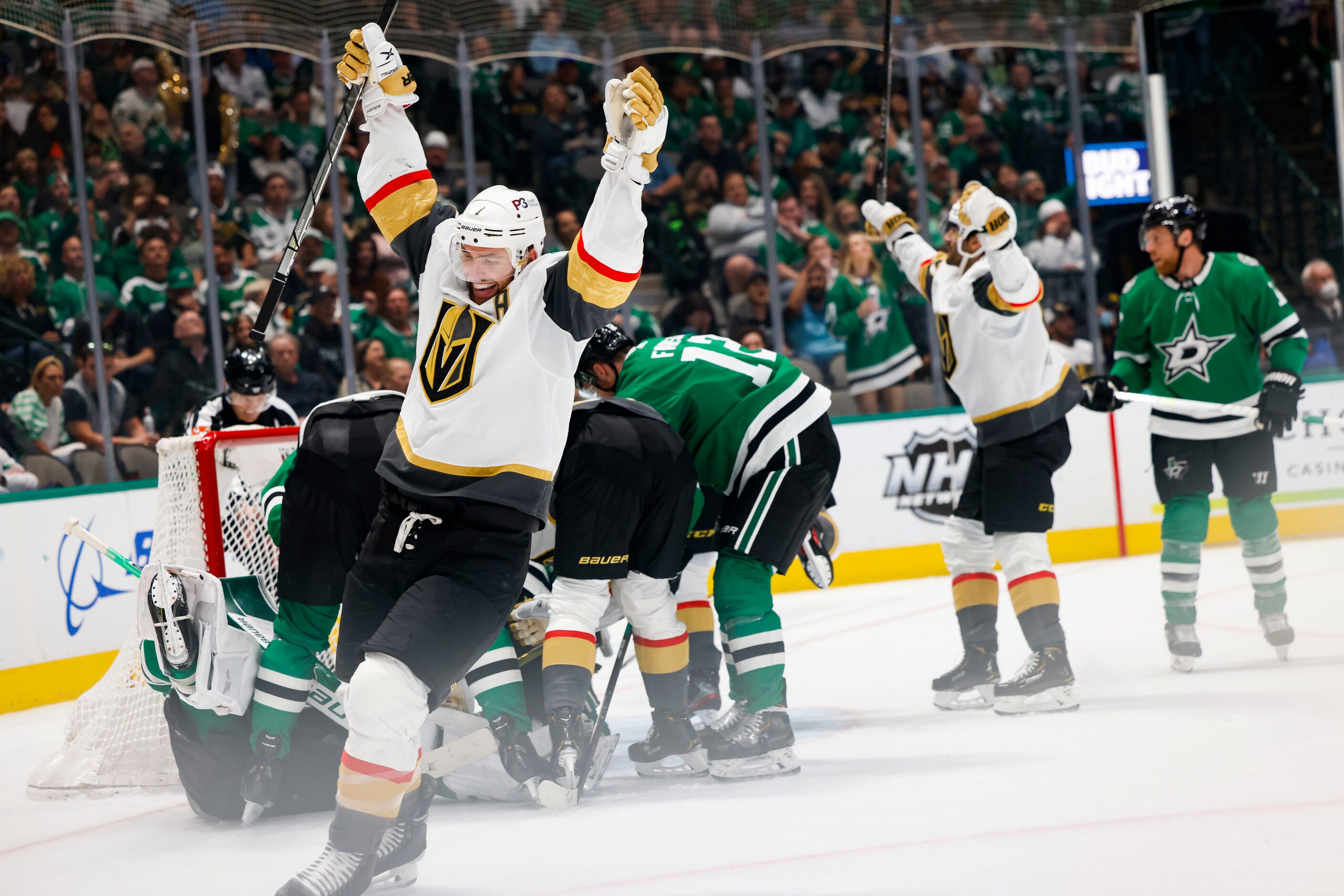 Vegas Golden Knights defenseman Alex Pietrangelo (7) celebrates after Dallas Stars...