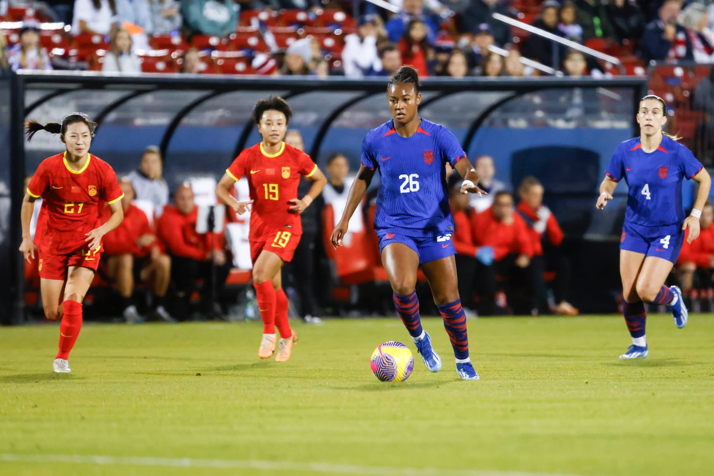 United States’ Jaedyn Shaw dribbles down the field against China PR during the first half of...