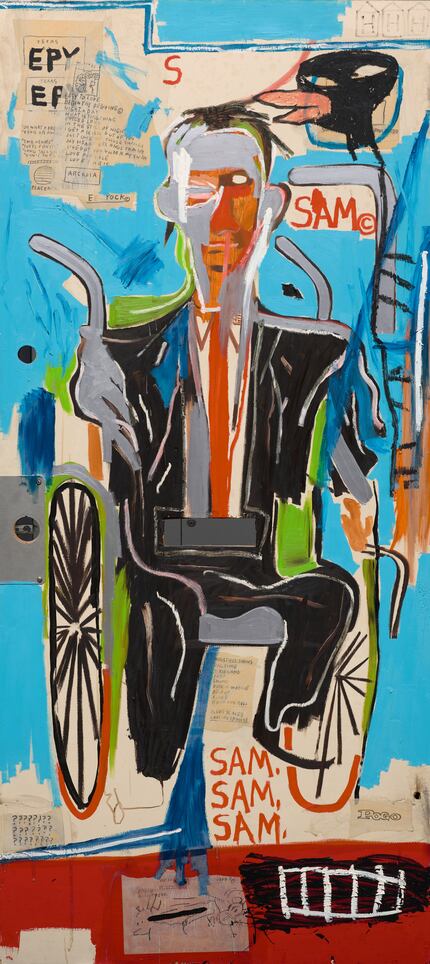 "Sam F" is a 1985 portrait of a local art collector in his wheelchair. It includes the tag...