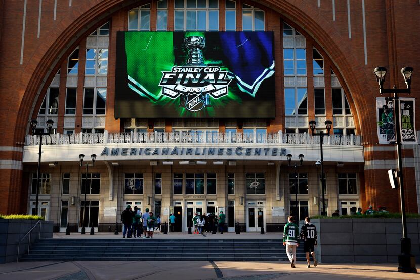 Dallas Stars fans arrive for a Stanley Cup Finals watch party at the American Airlines...
