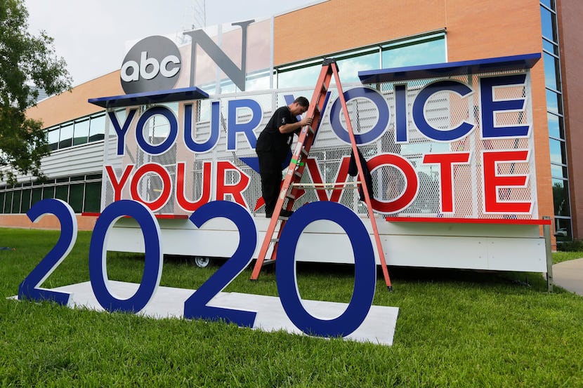 Signage is erected for the upcoming Democratic presidential primary debates hosted by ABC on...