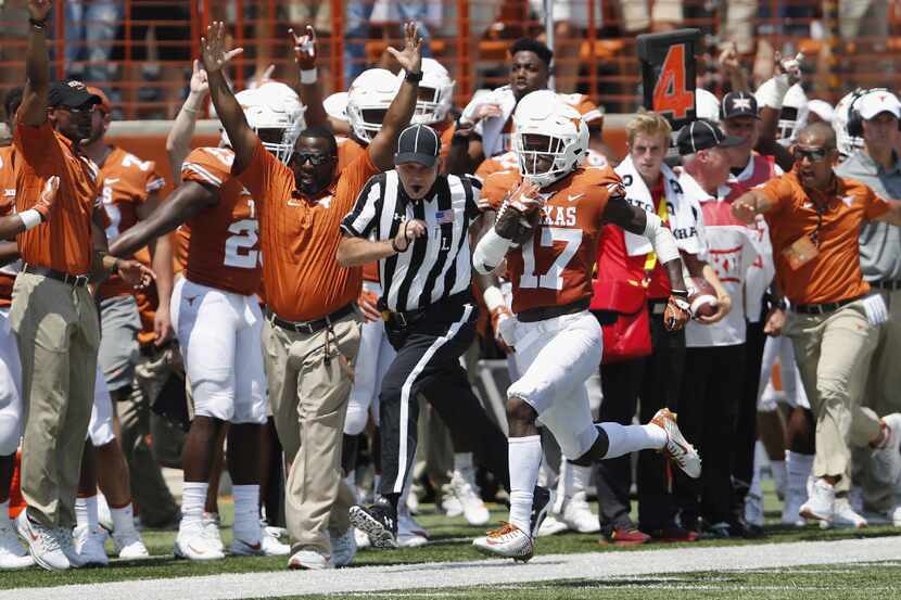 AUSTIN, TX - SEPTEMBER 02: Reggie Hemphill-Mapps #17 of the Texas Longhorns returns a punt...