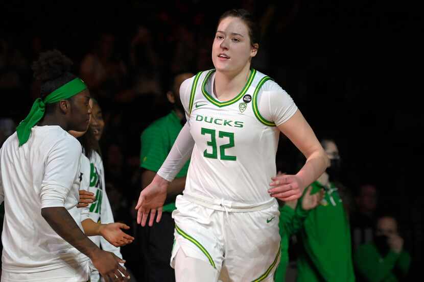 Oregon forward Sedona Prince is introduced before an NCAA college basketball game against...