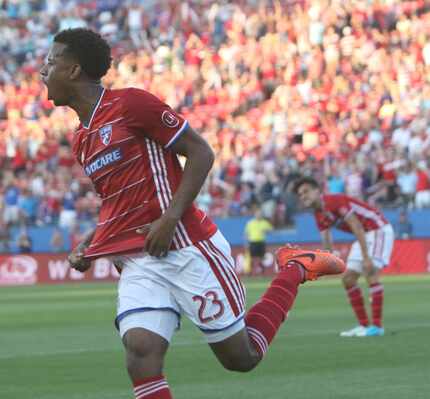 FC Dallas midfielder Kellyn Acosta (23) lets out a yell following his goal in the 19th...