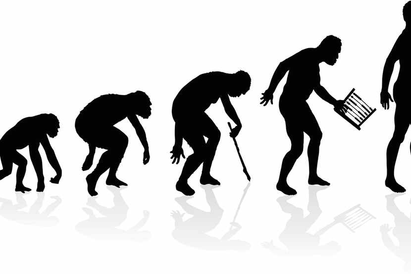 Vector illustration of depicting the Evolution of Man and Technology in silhouette. The...