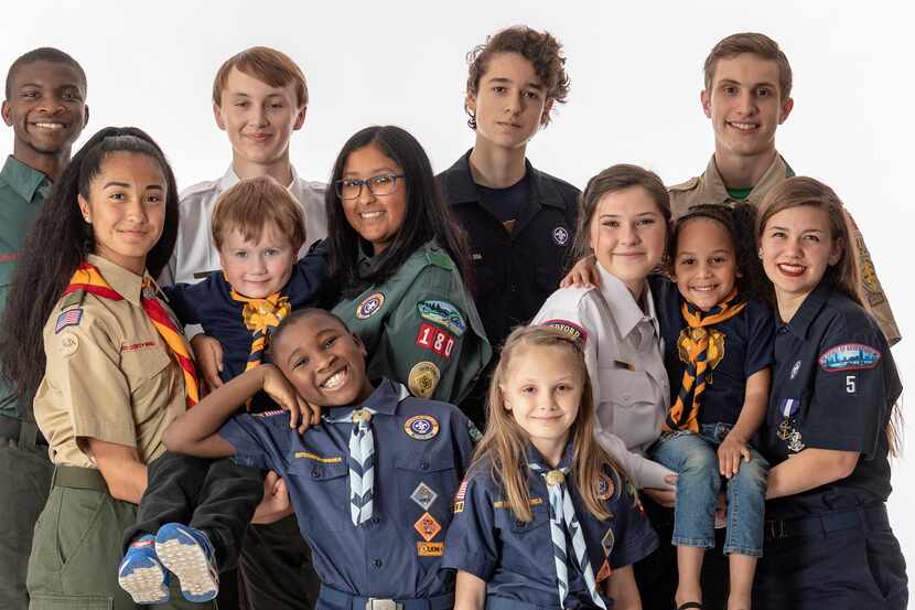 A group of young people from the Boy Scouts of America pose together for a group photo.