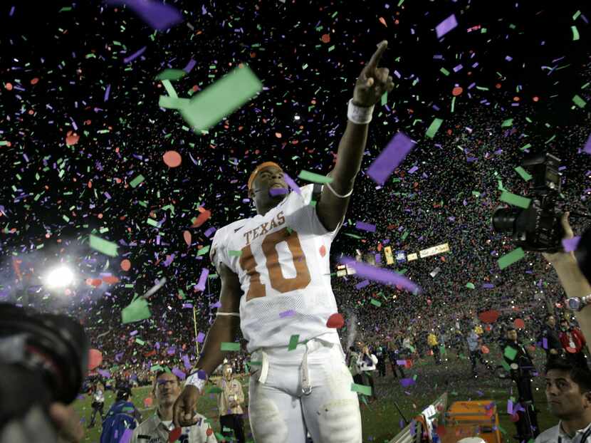 University of Texas quarterback Vince Young celebrates the Longhorns 41-38 victory over the...