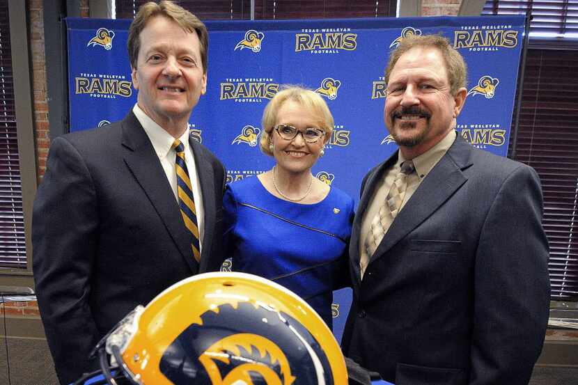 Fred Slabach, left, president of Texas Wesleyan University; Beverly Powell, chairman of the...