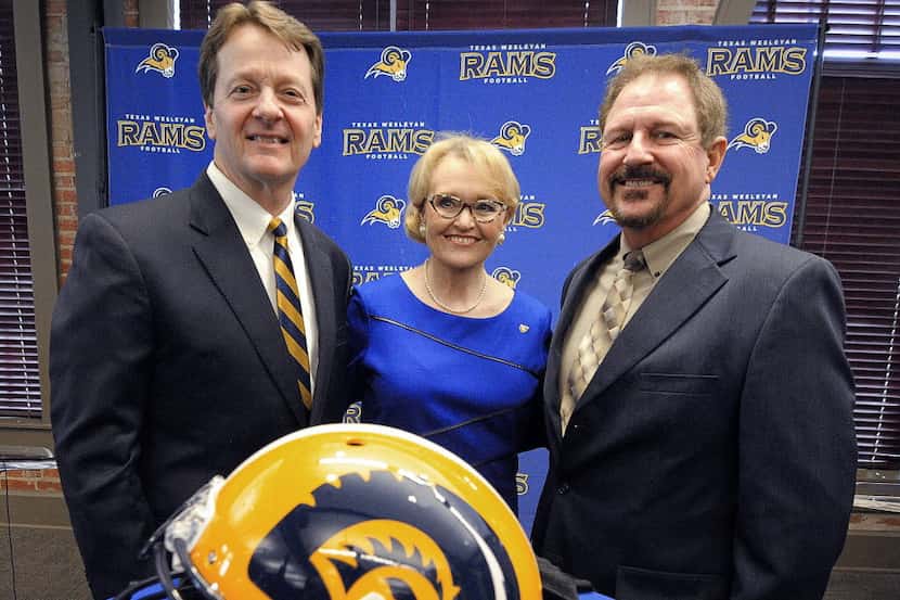 Fred Slabach, left, president of Texas Wesleyan University; Beverly Powell, chairman of the...