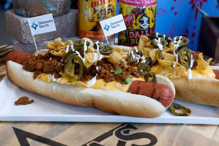 The Lone Star Frito Pie Dawwg is typical ballpark fare — but big, to remind us we're in Texas.