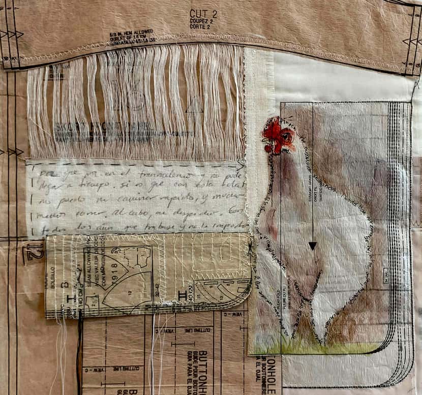 In Ivonne Acero's 2018 mixed-media piece Tinaca, the Seamstress, words form the outline of a...