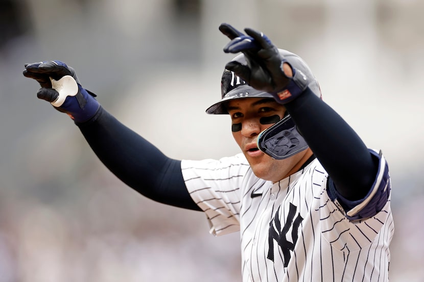 New York Yankees' Jose Trevino reacts after hitting a run-scoring single against the Tampa...