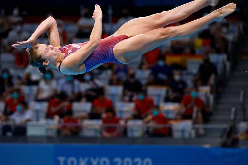 USA’s Hailey Hernandez dives in the women’s 3 meter springboard final during the postponed...