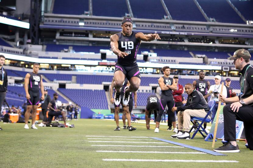 Virginia Tech defensive back Terrell Edmunds participates in the Broad Jump the 2018 NFL...