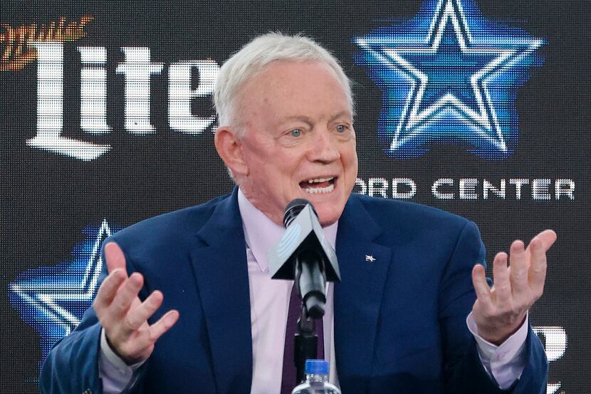 Dallas Cowboys owner Jerry Jones addresses the media at The Star in Frisco, Texas after...