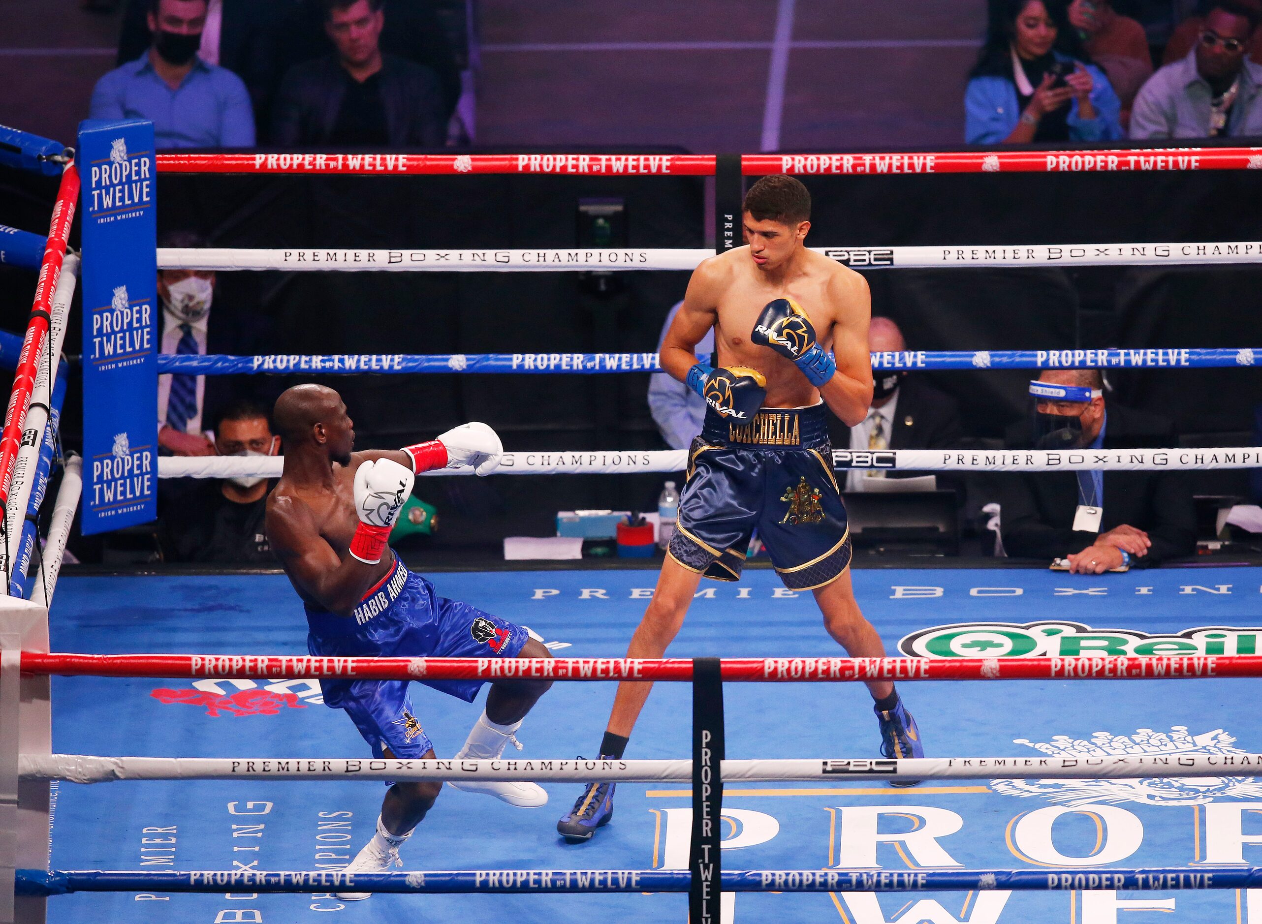 Habib Ahmed after getting hit by Sebastián Fundora during the first round of a boxing match...