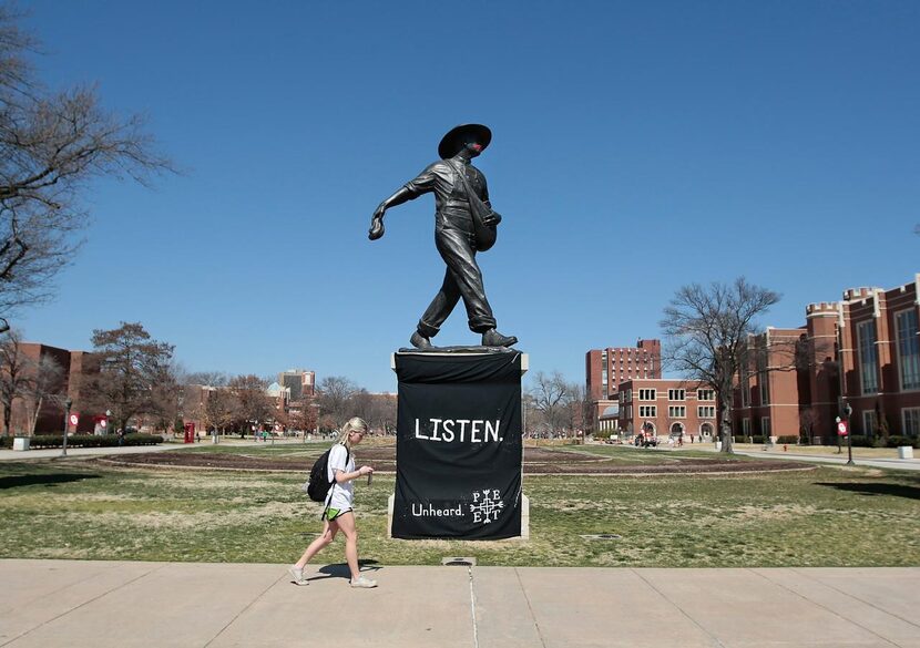 
The sculpture The Sower on the University of Oklahoma campus in Norman was draped with a...