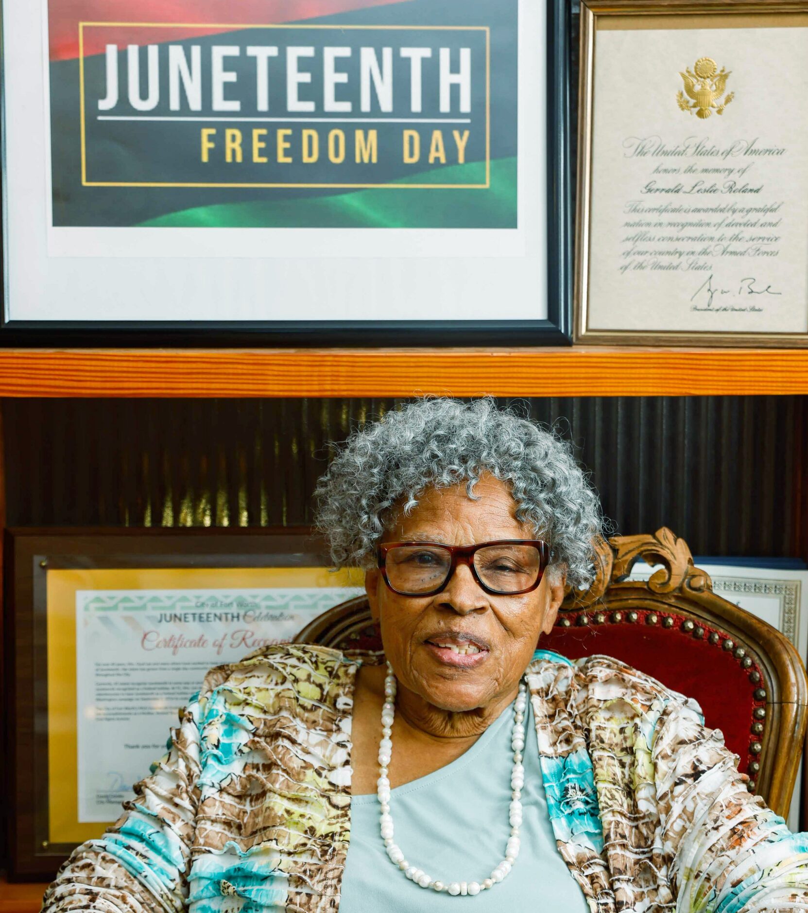 Opal Lee poses for a portrait in her home in Fort Worth on Friday, December 10, 2021.