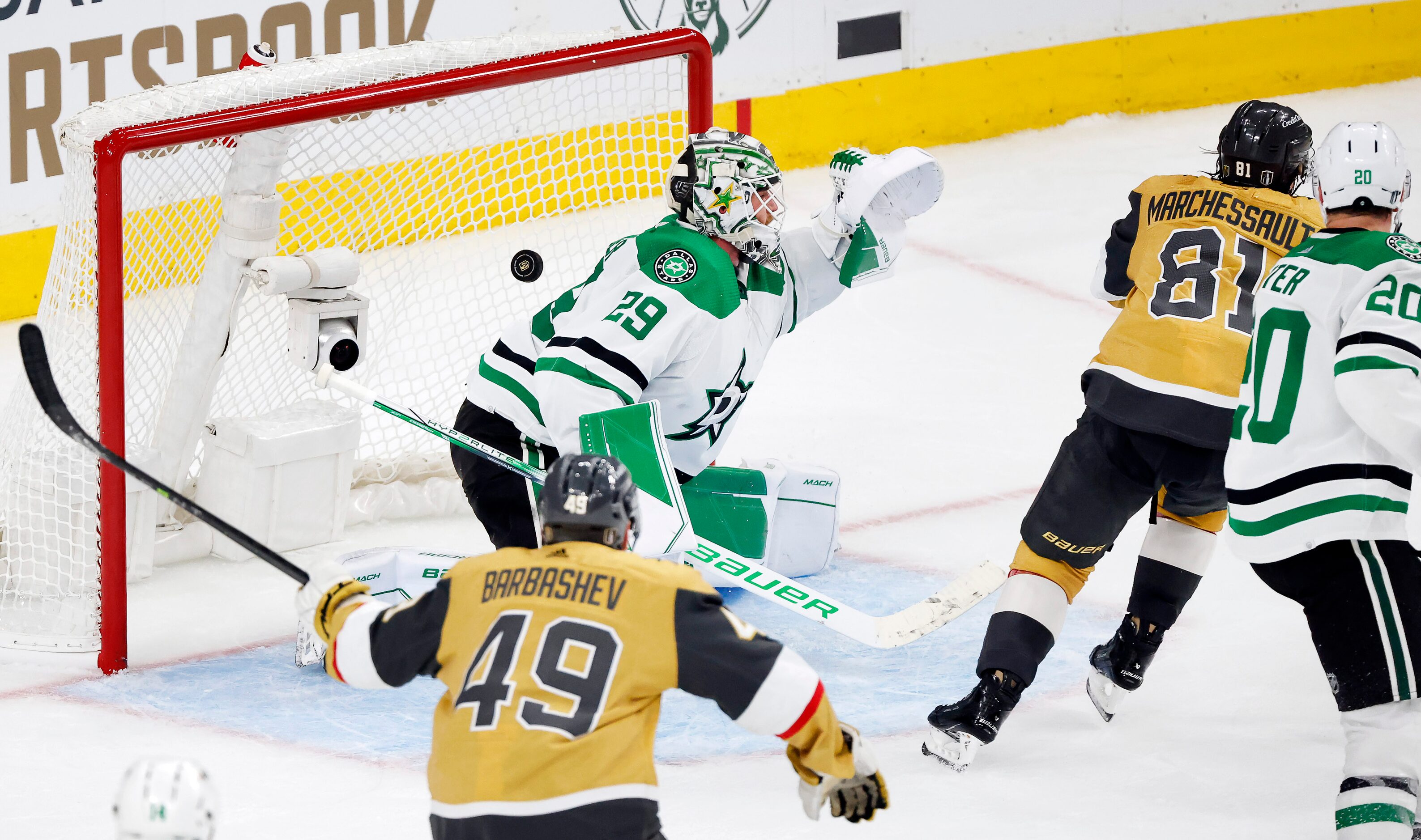 Vegas Golden Knights right wing Jonathan Marchessault (81) scores on Dallas Stars goaltender...