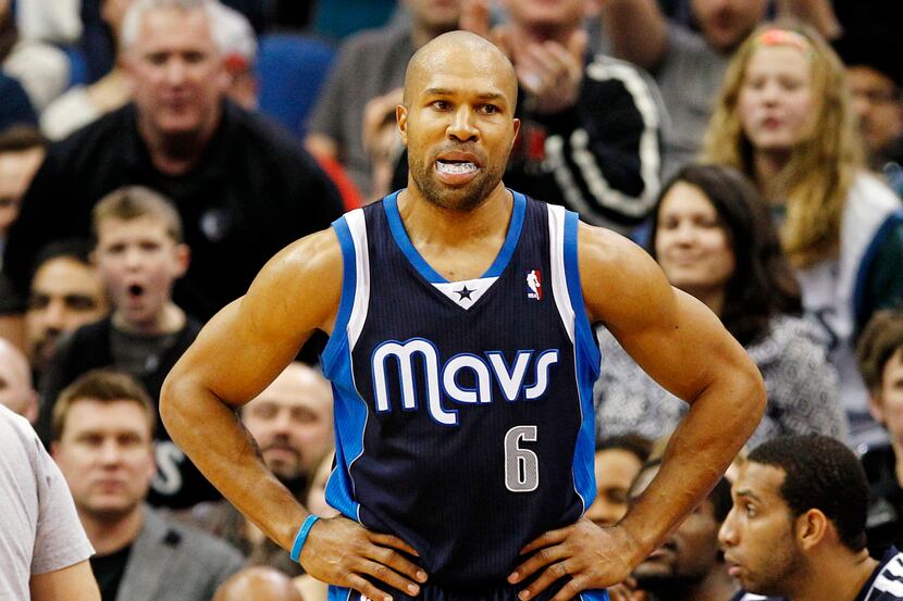 Dallas Mavericks point guard Derek Fisher (6) reacts after fouling out against the Minnesota...