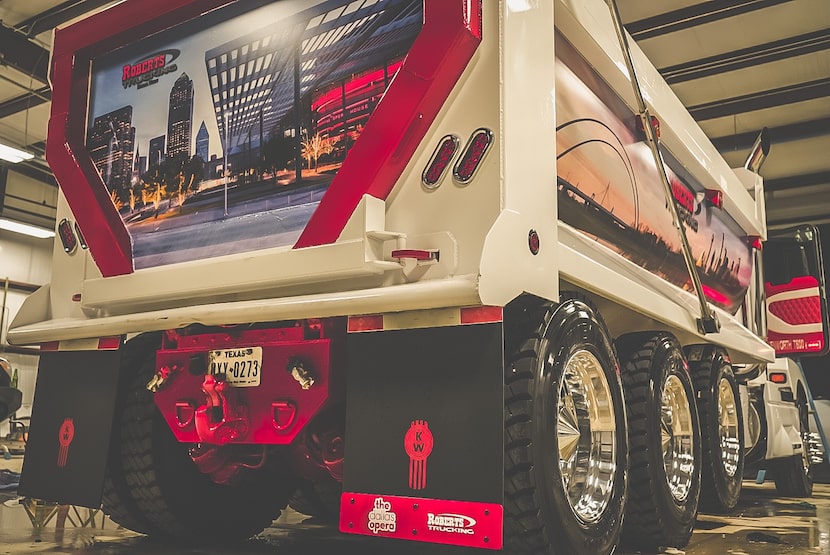 A truck sports a Dallas Opera logo on its rear flaps in support of OperaTruck.