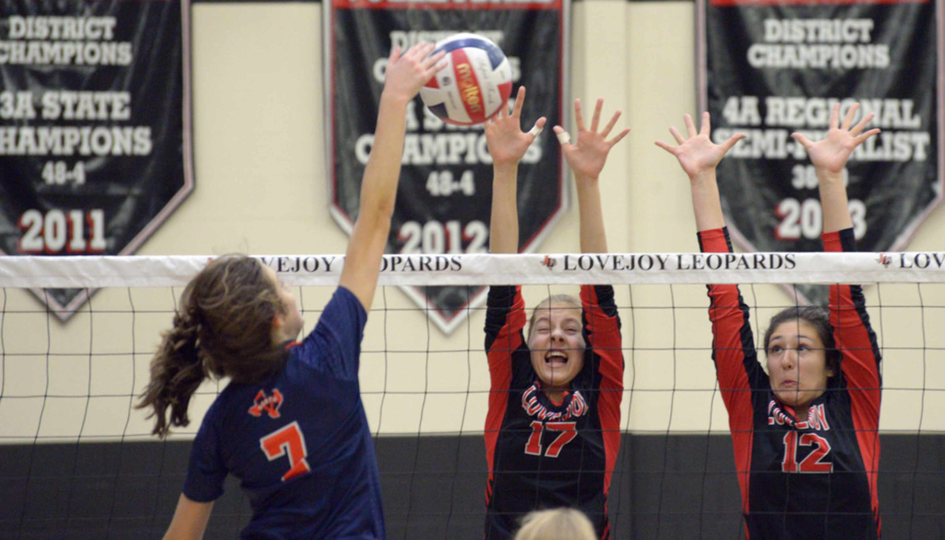 Lovejoy's Rosemary Archer (17) and Hannah Gonzalez (12) go up for the block on McKinney...