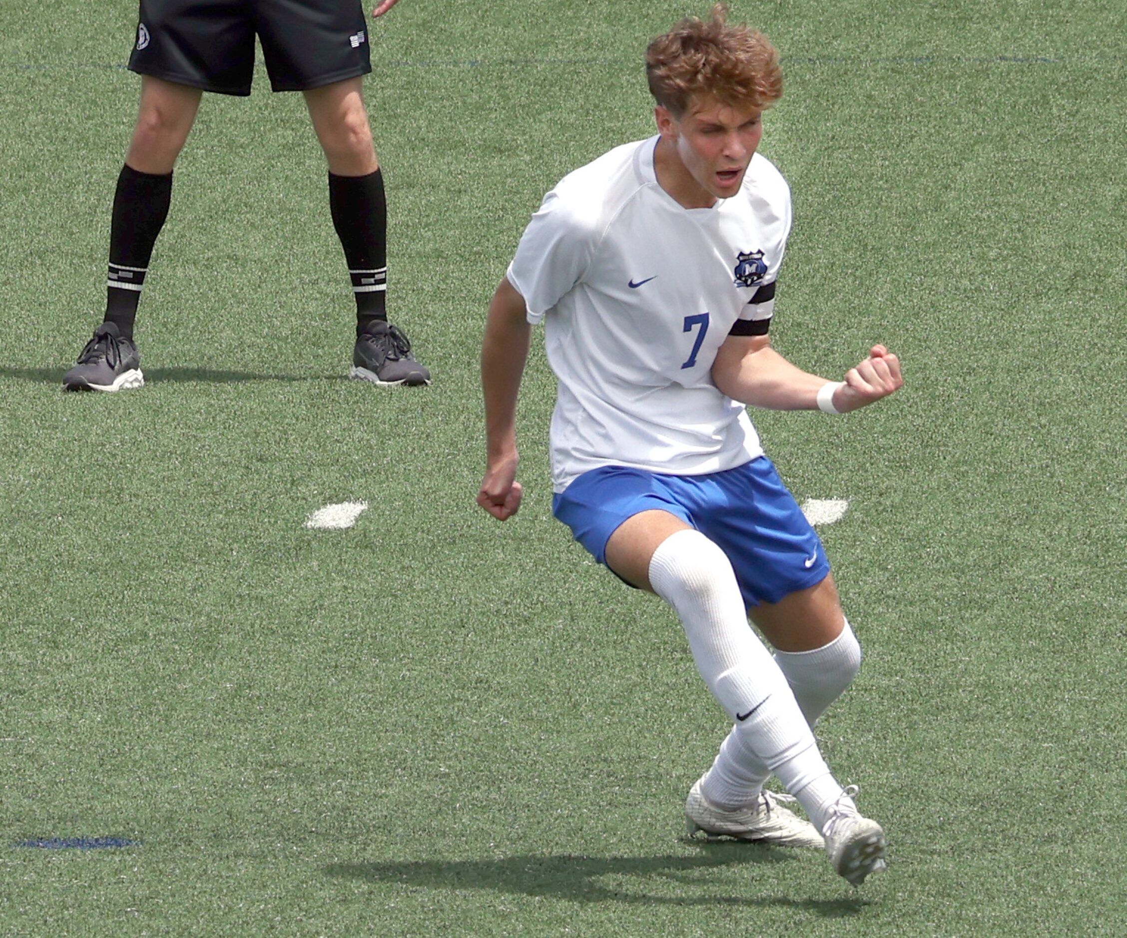  Midlothian midfielder Caden Naizer (7) reacts after scoring on a penalty kick during first...