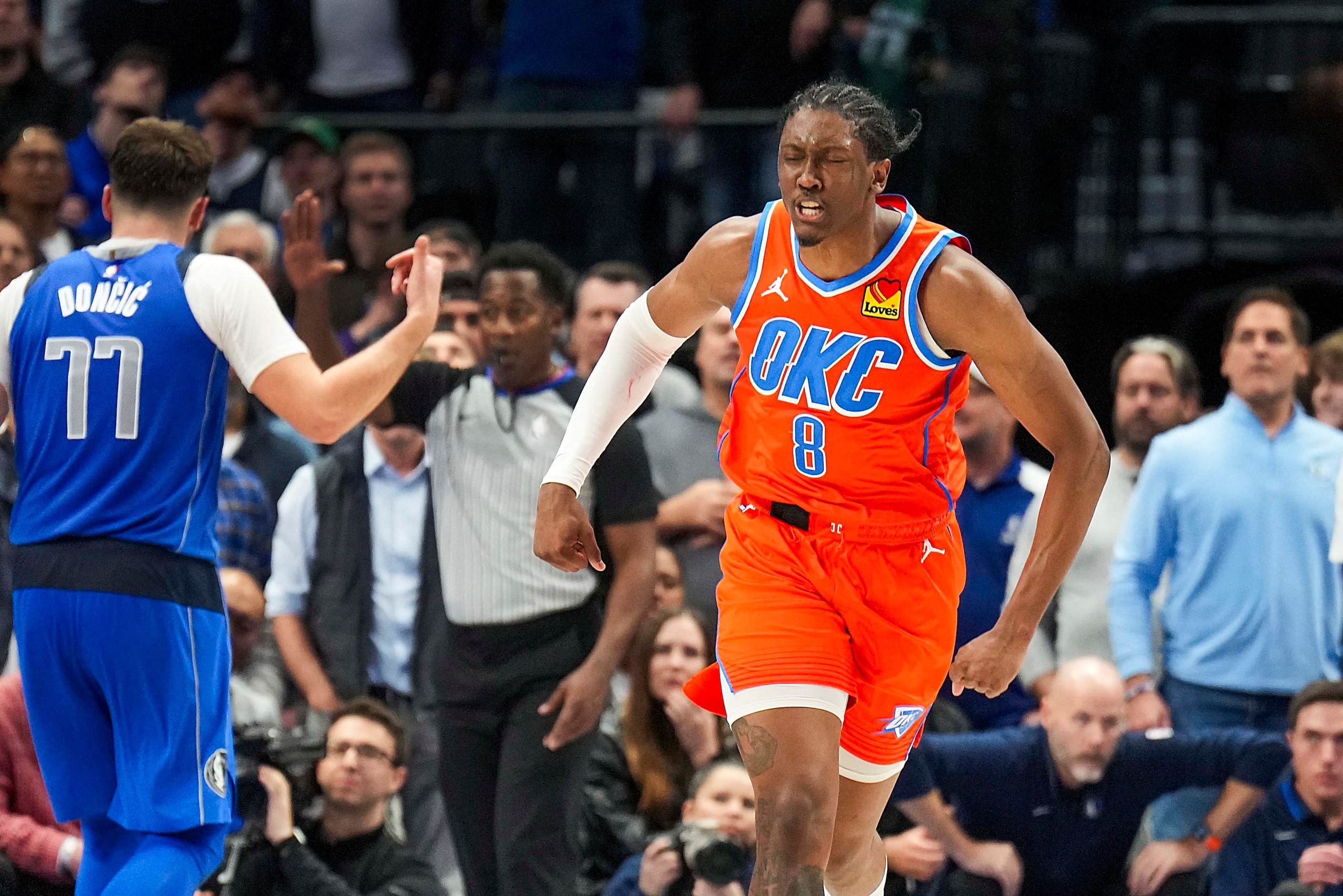 Oklahoma City Thunder forward Jalen Williams (8) celebrates after scoring to put the Thunder...