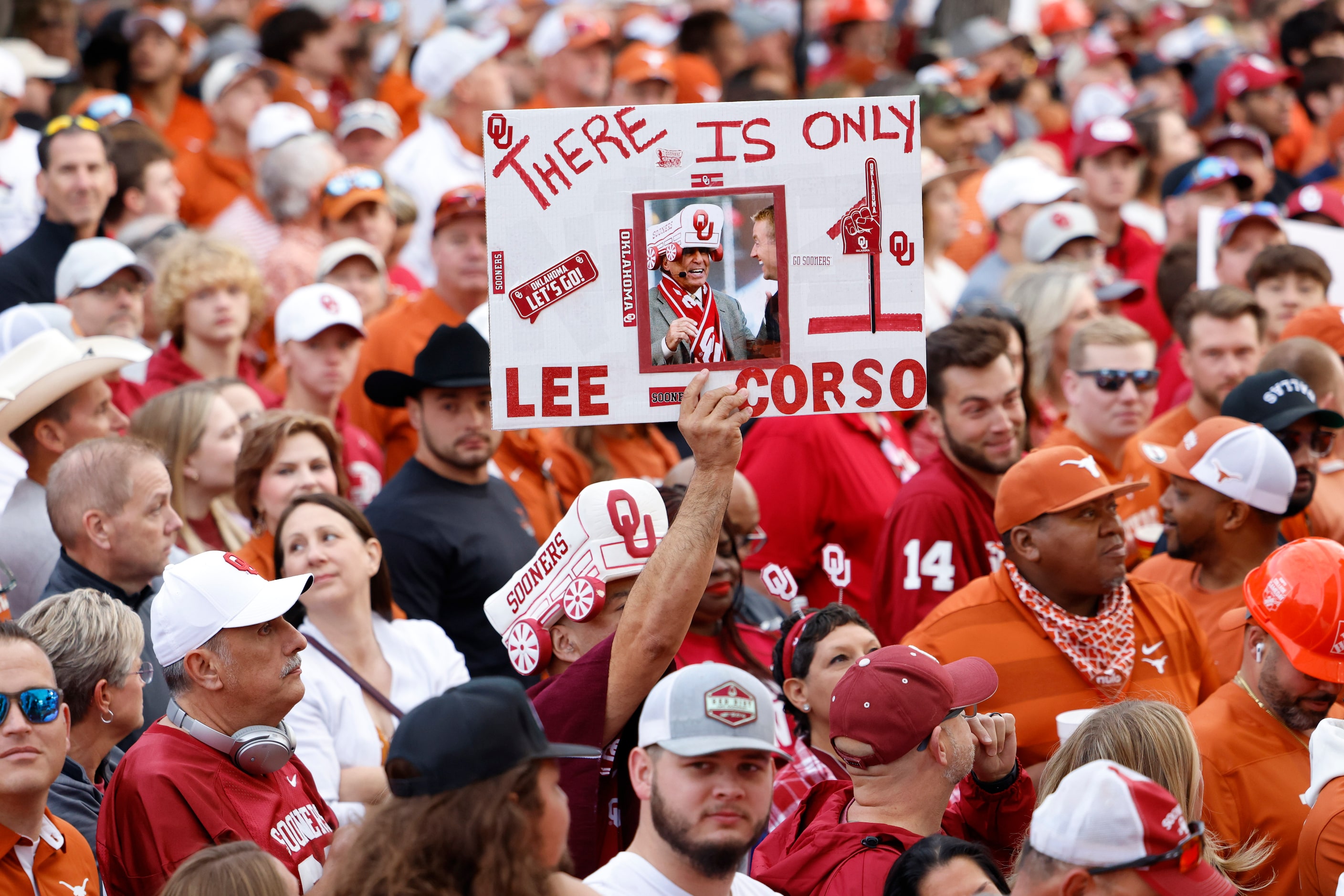 Fans gather ahead of the Red River Showdown outside of the Cotton Bowl for ESPN Game Day, on...