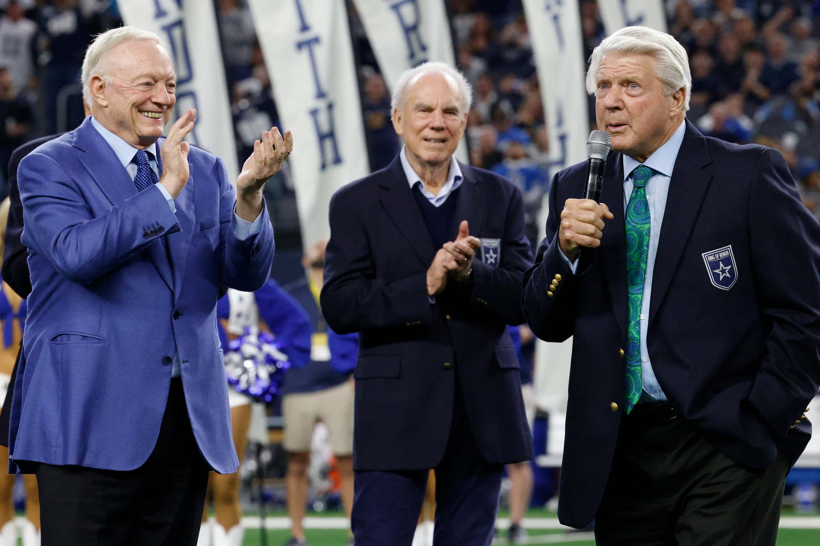 Former Dallas Cowboys head coach Jimmy Johnson speaks alongside Cowboys owner Jerry Jones...