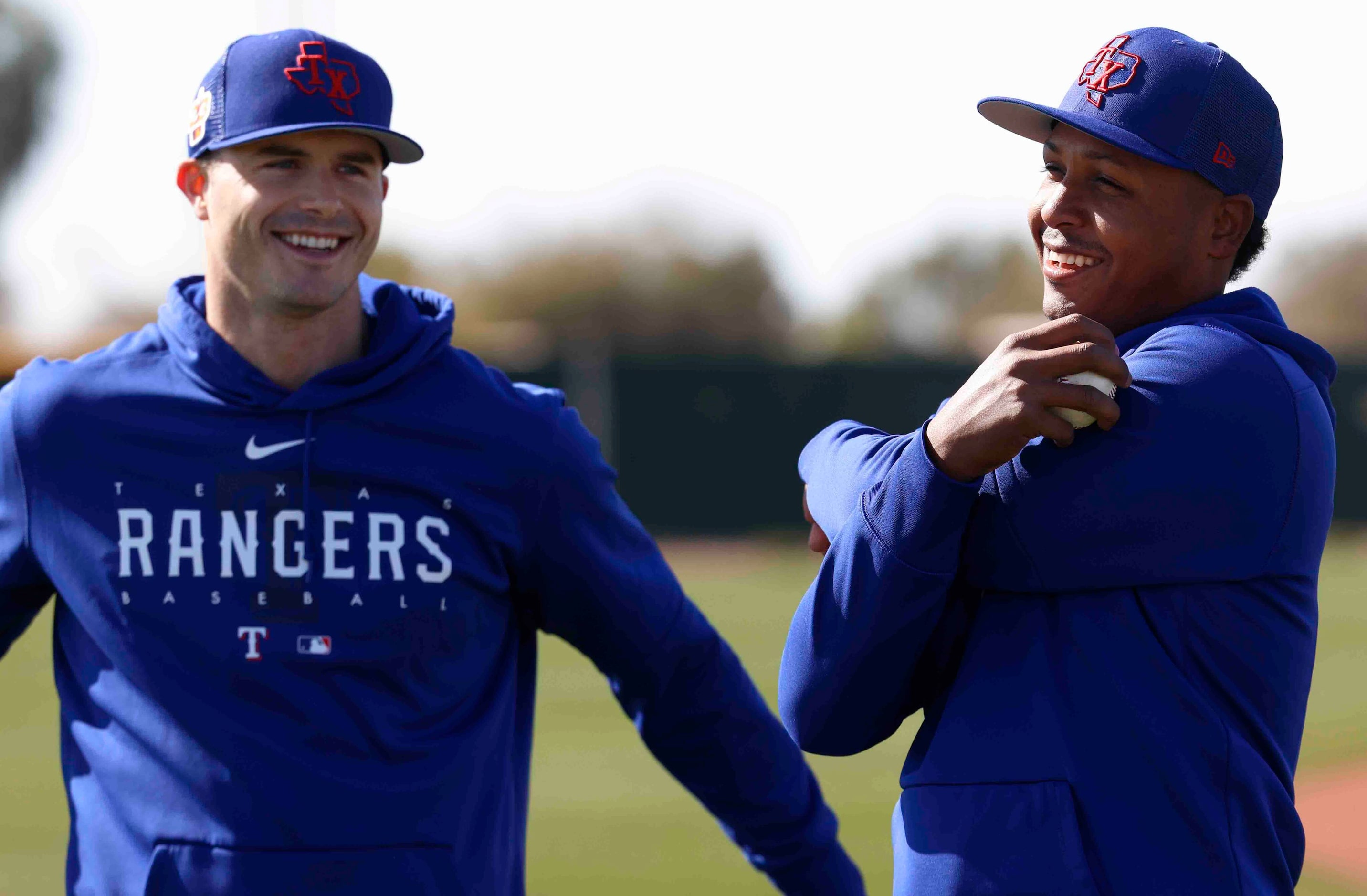 Texas Rangers left handed pitcher John King, left, and right handed pitcher Jose Leclerc...