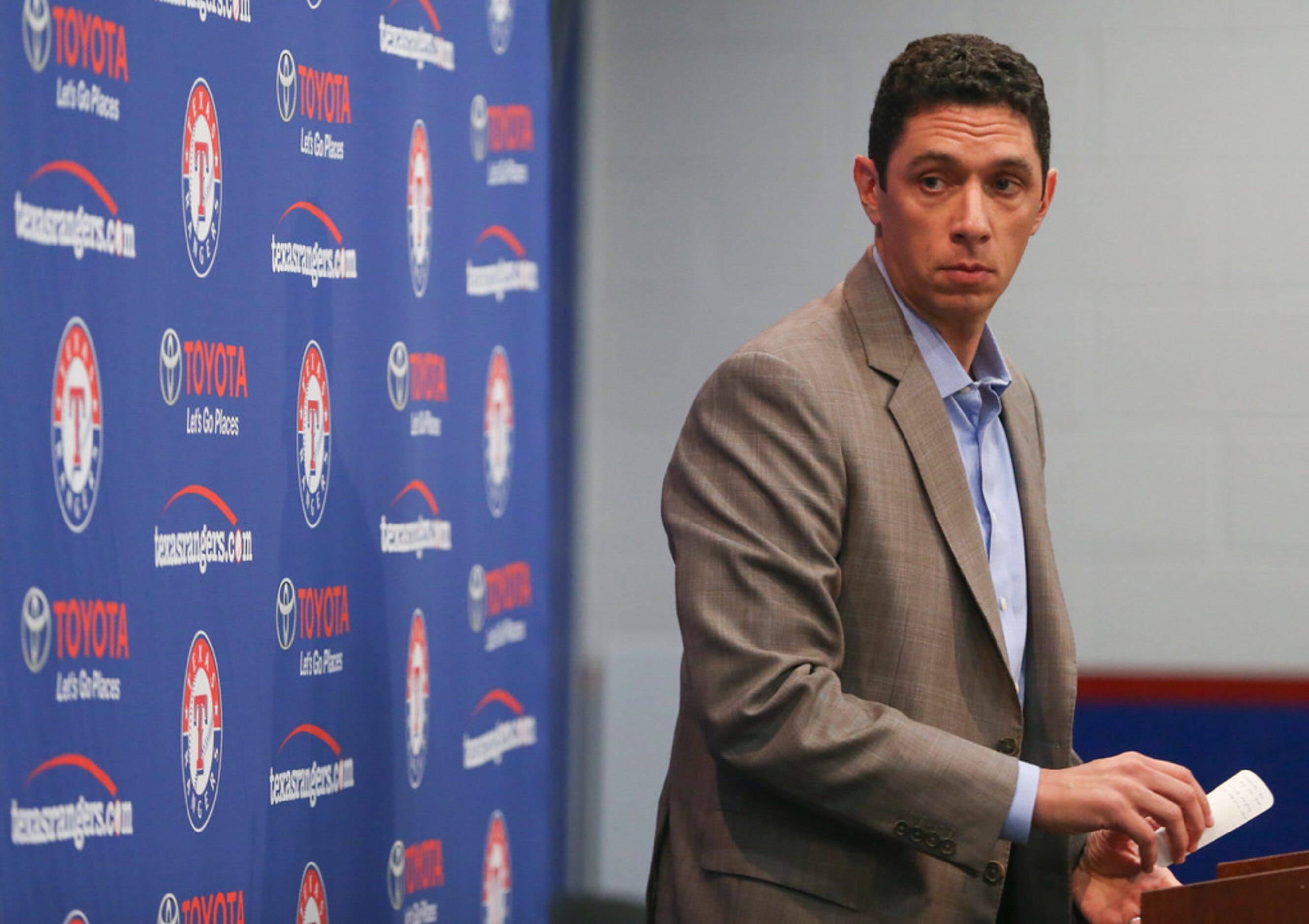 Rangers President of Baseball Operations and General Manager Jon Daniels addresses members...