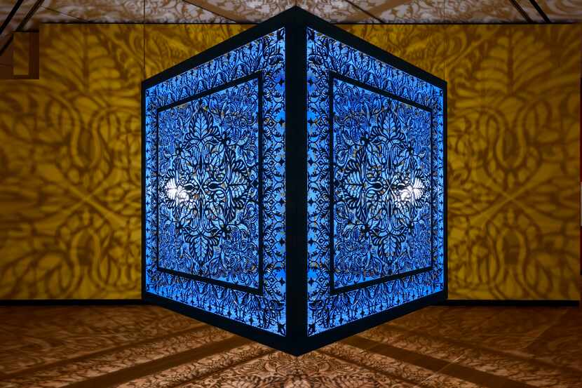 'A Beautiful Despair (Cube),' 2021, laser cut, lacquered steel turquoise at the exhibition...